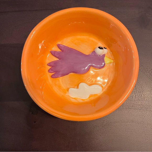 Debby Carman Whimsical Cat Orange Bird Ceramic Food Water Dish Bowl - Picture 1 of 6